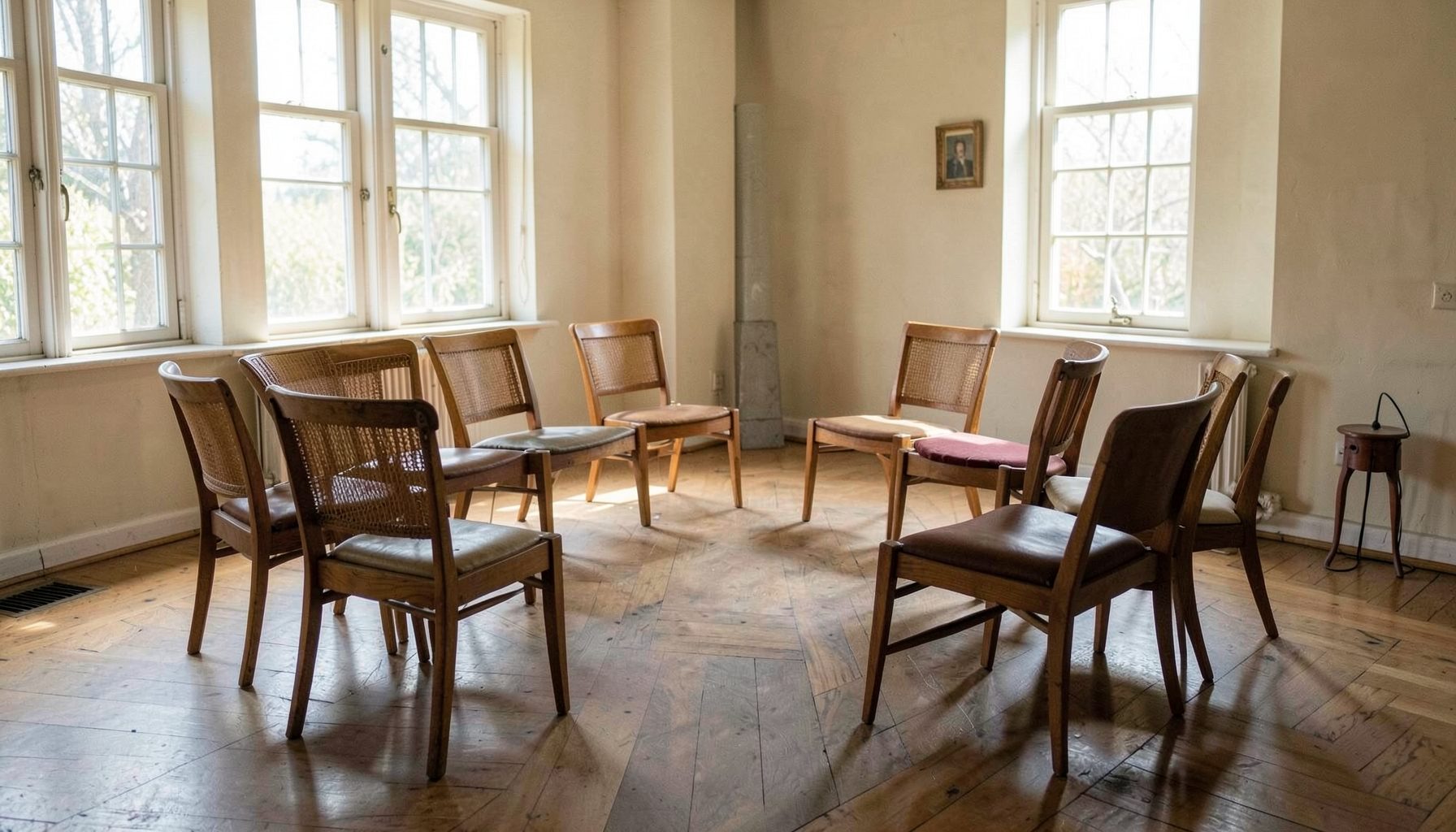 A group of chairs arranged in a circle in a modest hall, with natural light streaming through windows
