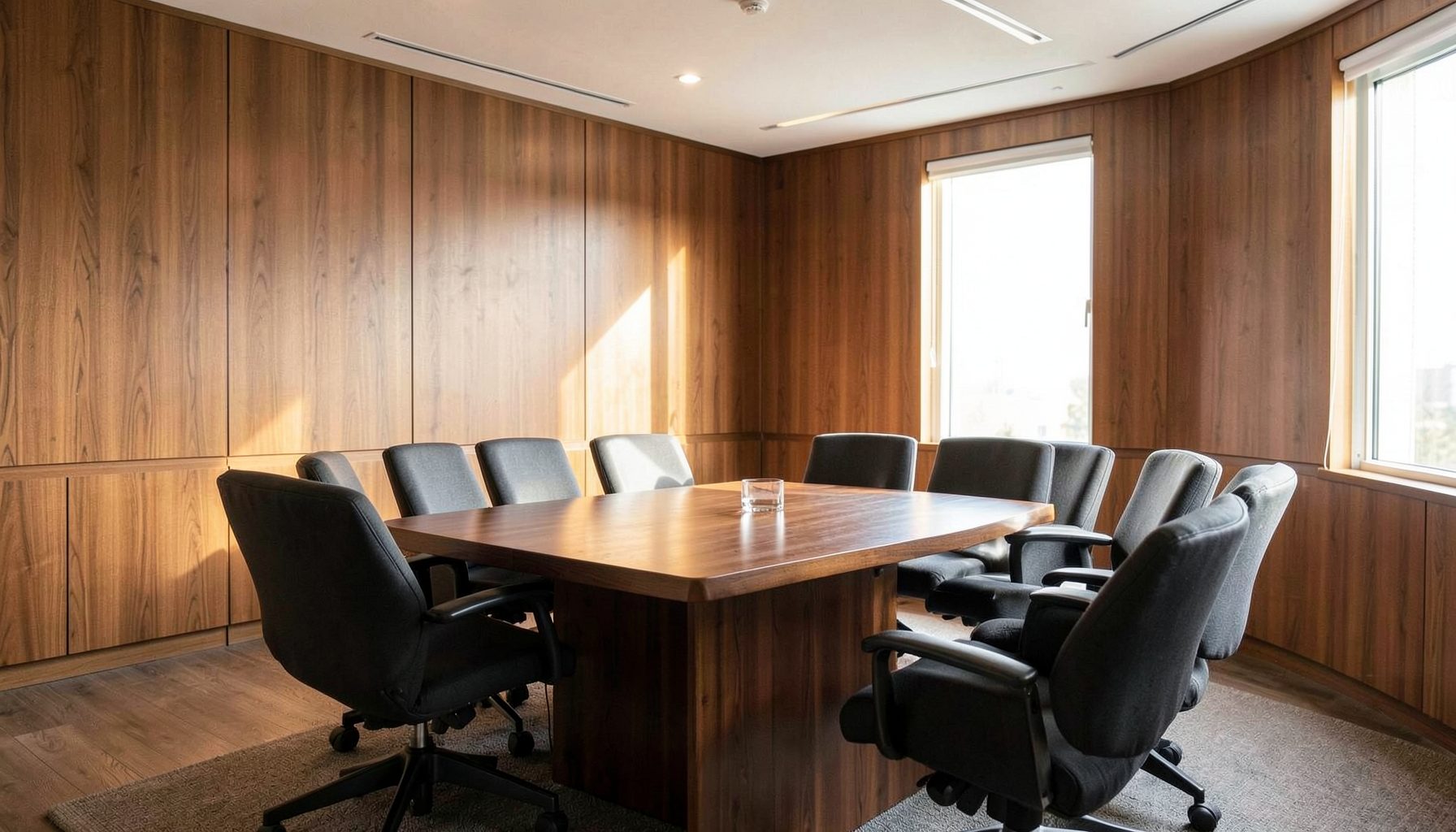 A quiet conference room with warm wood tones and soft natural light, chairs arranged for discussion