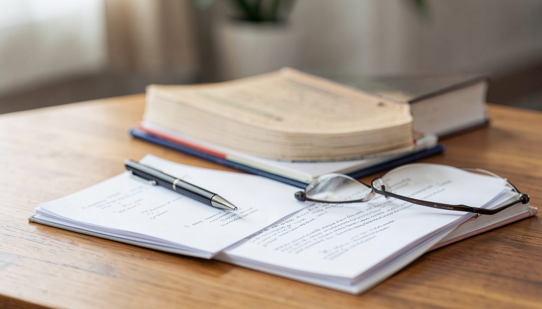 A stack of books and papers on a wooden desk, with a pen and reading glasses, suggesting study and thoughtful inquiry