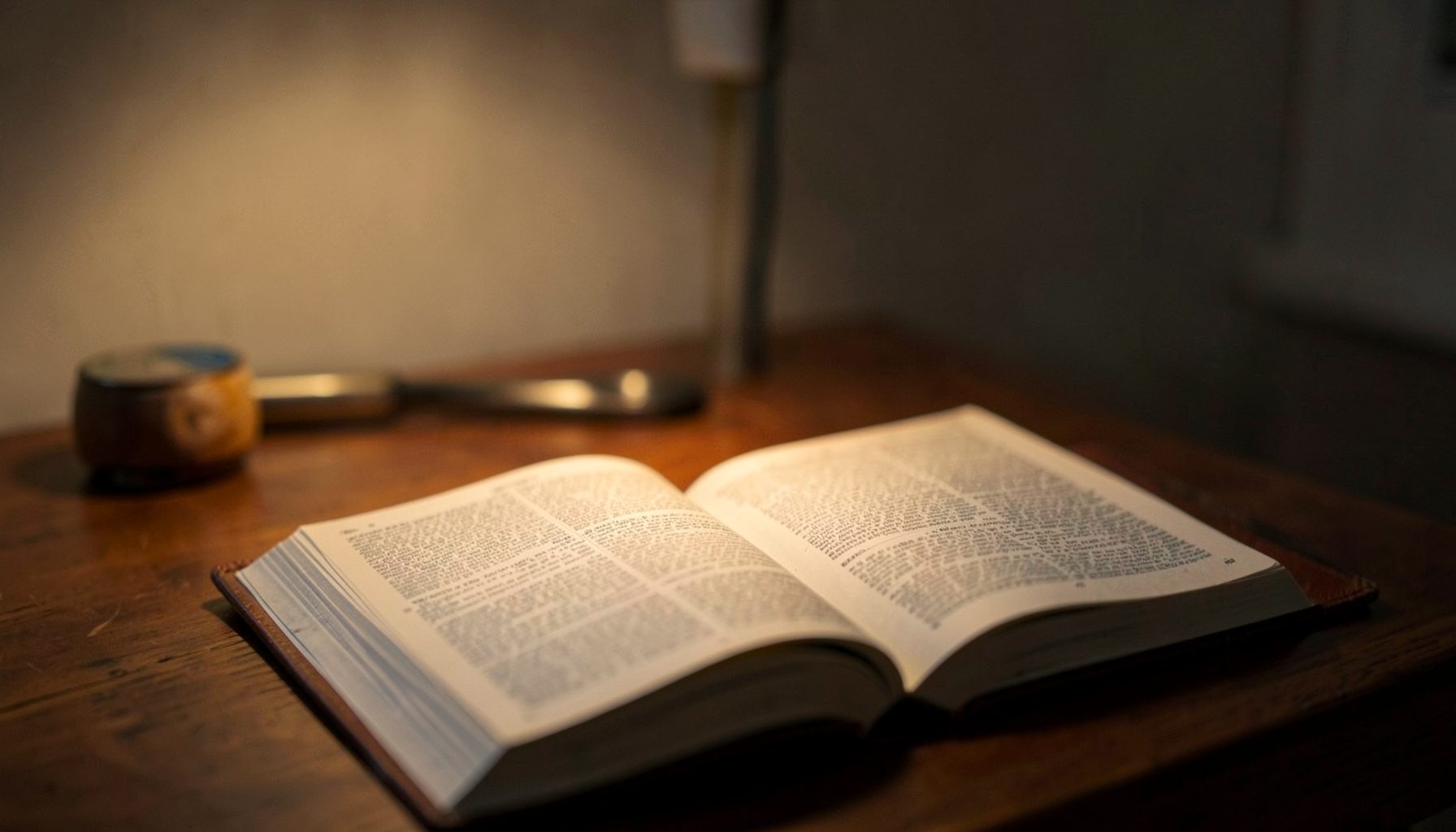 An open Bible beside a science textbook on a table, soft lamp light creating a contemplative atmosphere