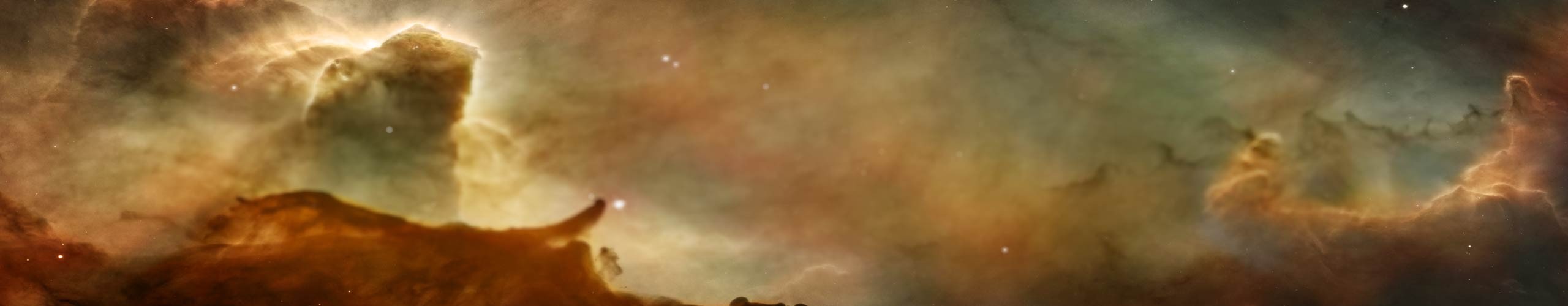 A colorful cosmic nebula scene with warm orange and brown cloud formations against a hazy blue-gray sky, dotted with bright stars